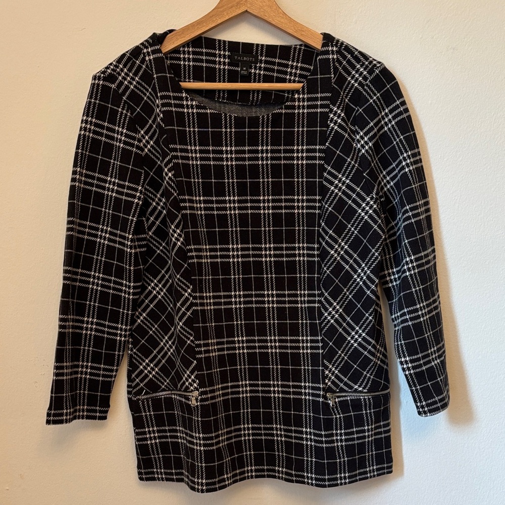 Talbots Black and White Checkered Plaid Blouse
